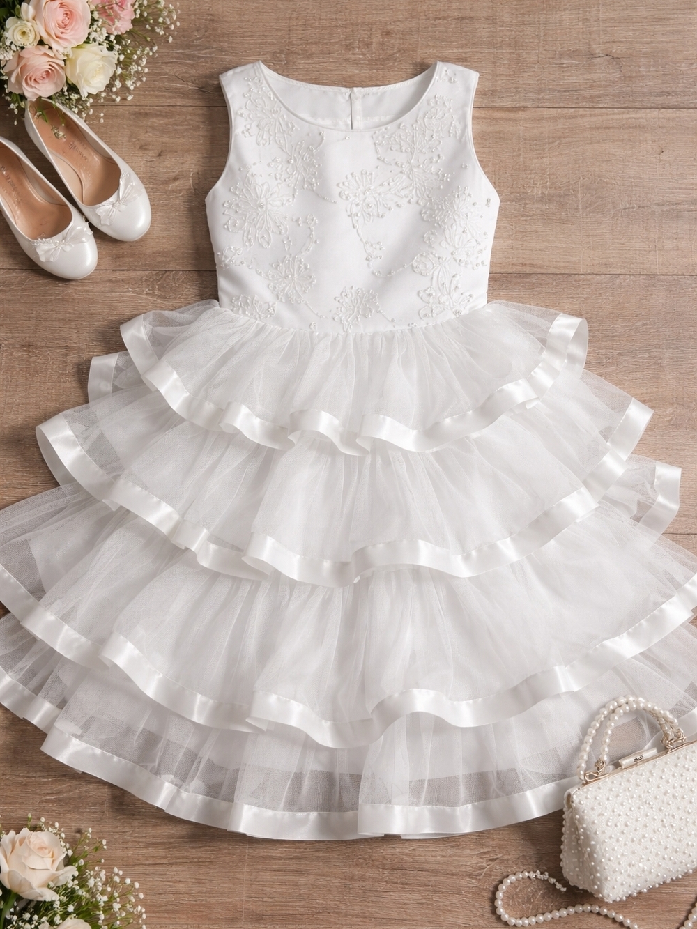 Vintage White Pearl Appliqué Flower Girl/Communion Dress *SIZE 12 KIDS*
